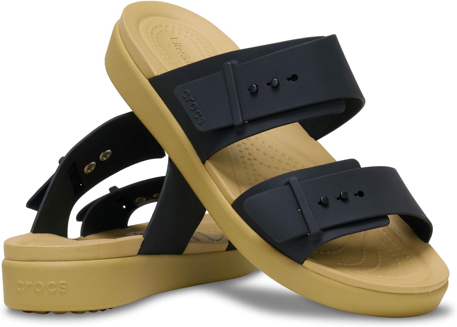 imageCrocs Womens Brooklyn Buckle Low WedgesBlackTan