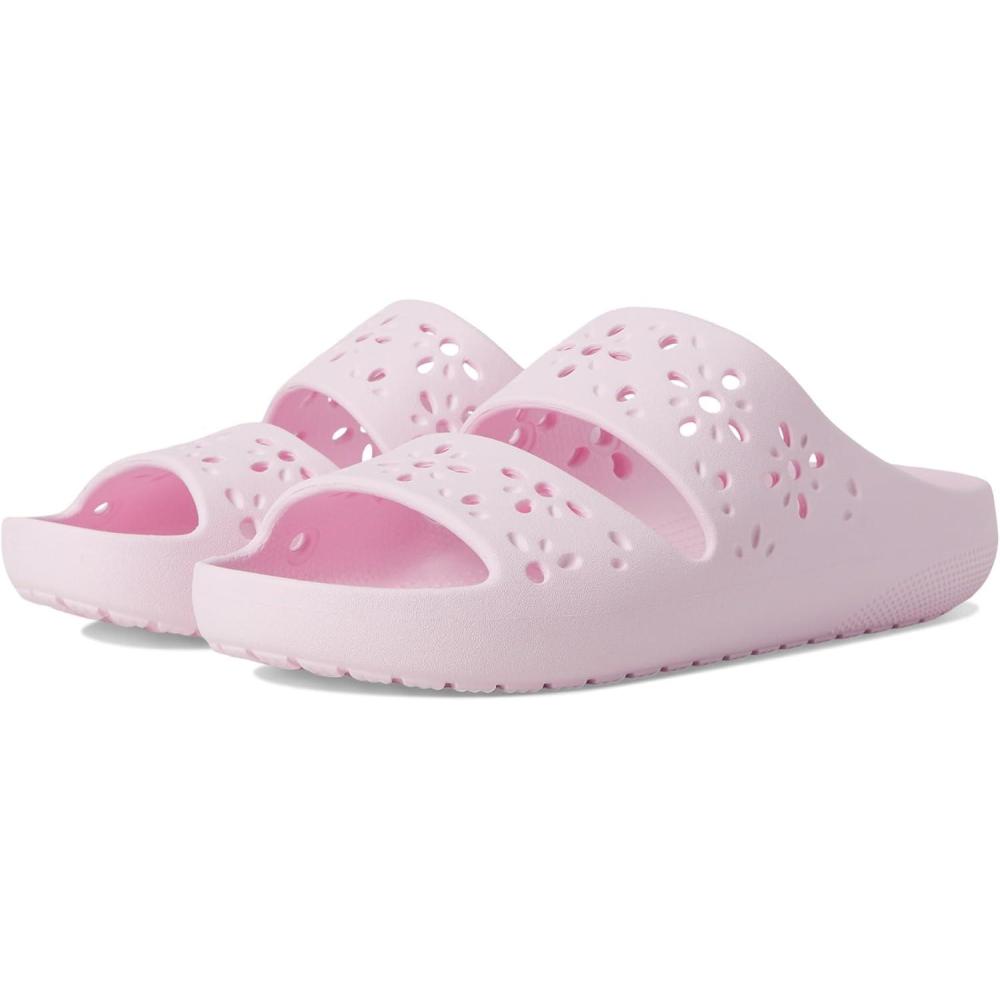imageCrocs UnisexAdult Classic Sandals 20 with Floral Cutout Design SlidePink Milk
